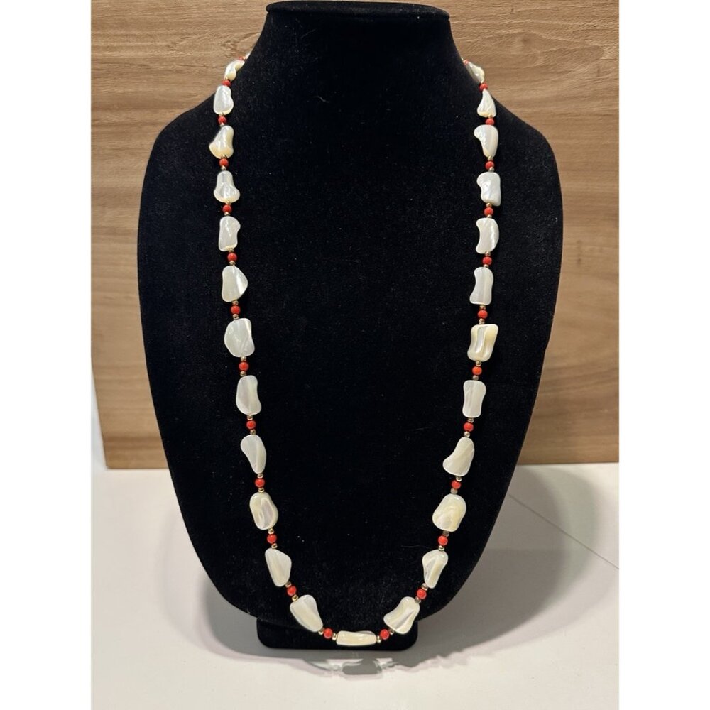Mother Of Pearl Shell Gold Tone Red Beaded Necklace Slip On Boho Beachy Vacation